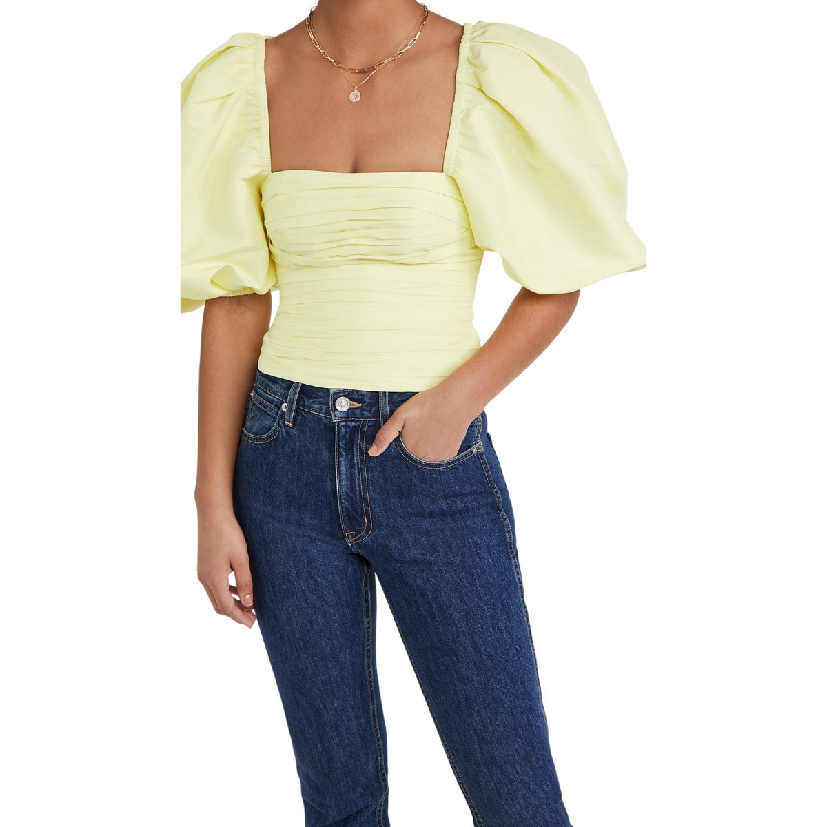 Self Portrait Structured Pastel Lime Taffeta Oversized Sleeve Blouse Size 6 NWT