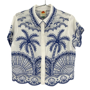 Farm Rio Embroidered Blue Palm Trees Richelieu Collared Shirt Size M