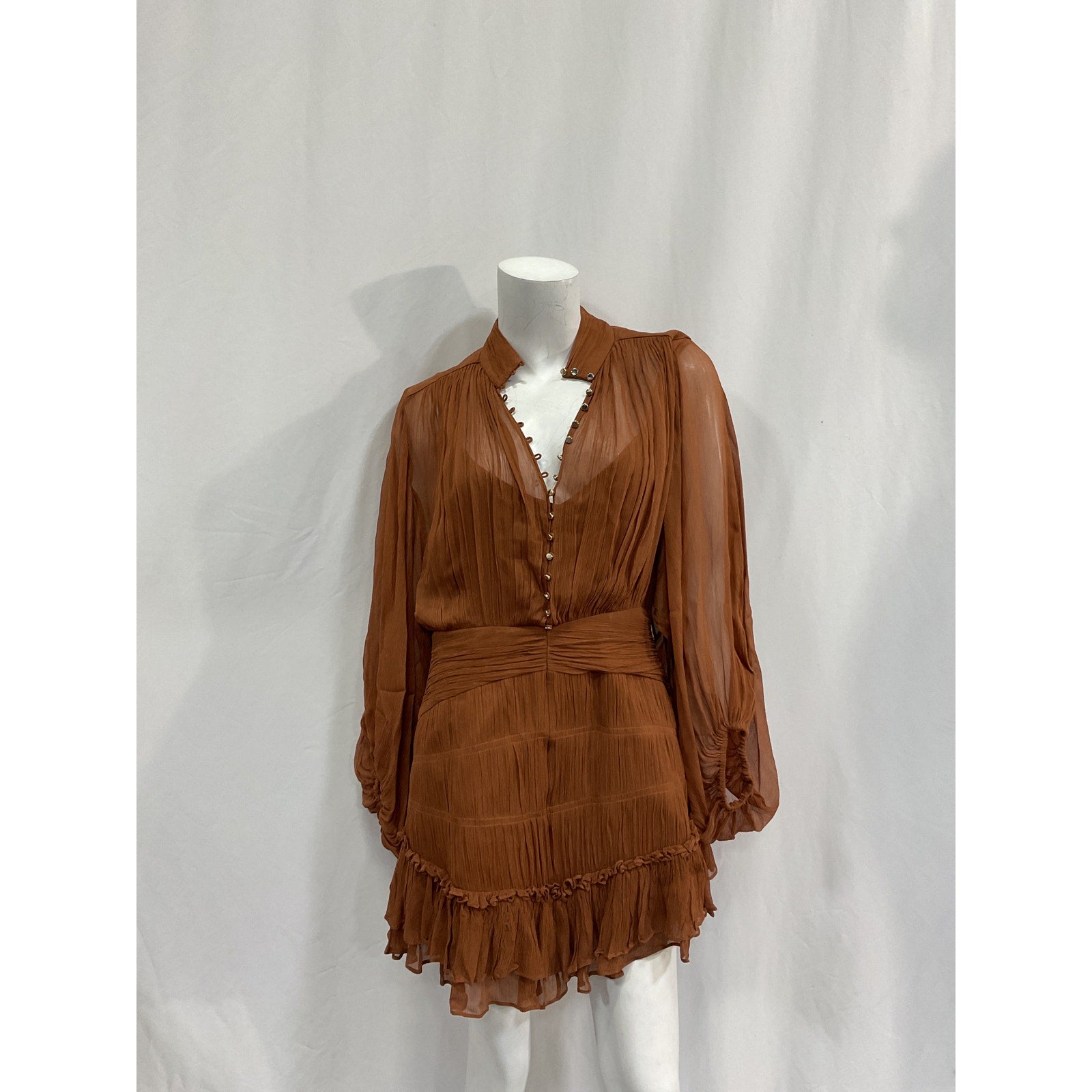 Shona Joy 'Leonie' Brown Viscose Button Up Ruched Mini Dress Size 8