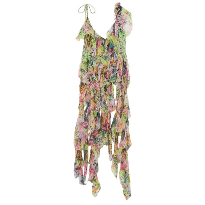 Dries Van Noten Asymmetric Ruffled Green Floral Silk Crepon Top Size FR 34 / US 2