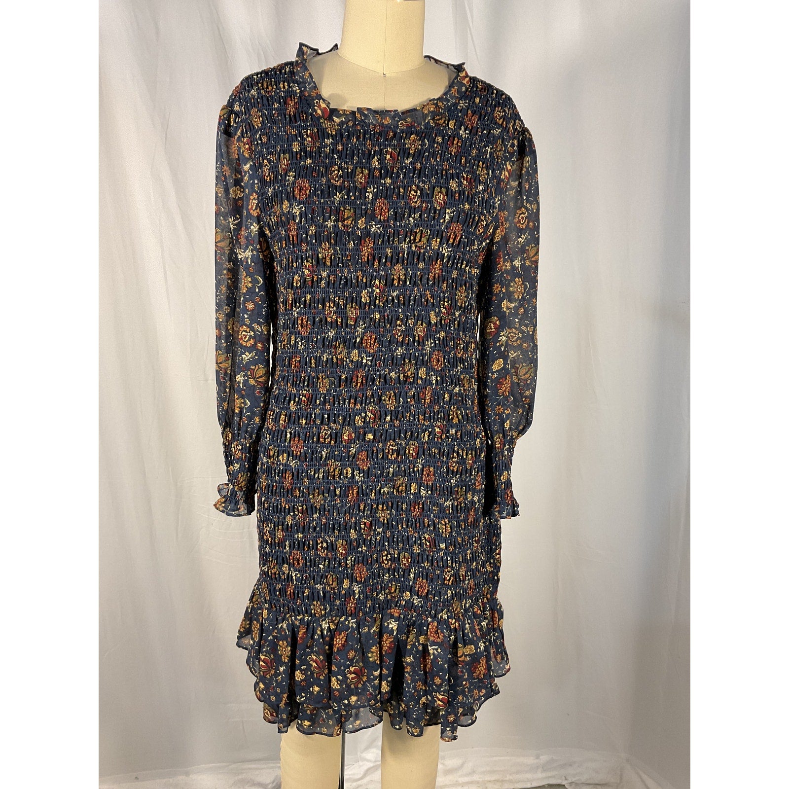 Veronica Beard 'Farha' Blue Long Sleeve Smocked Mini Dress Size 10