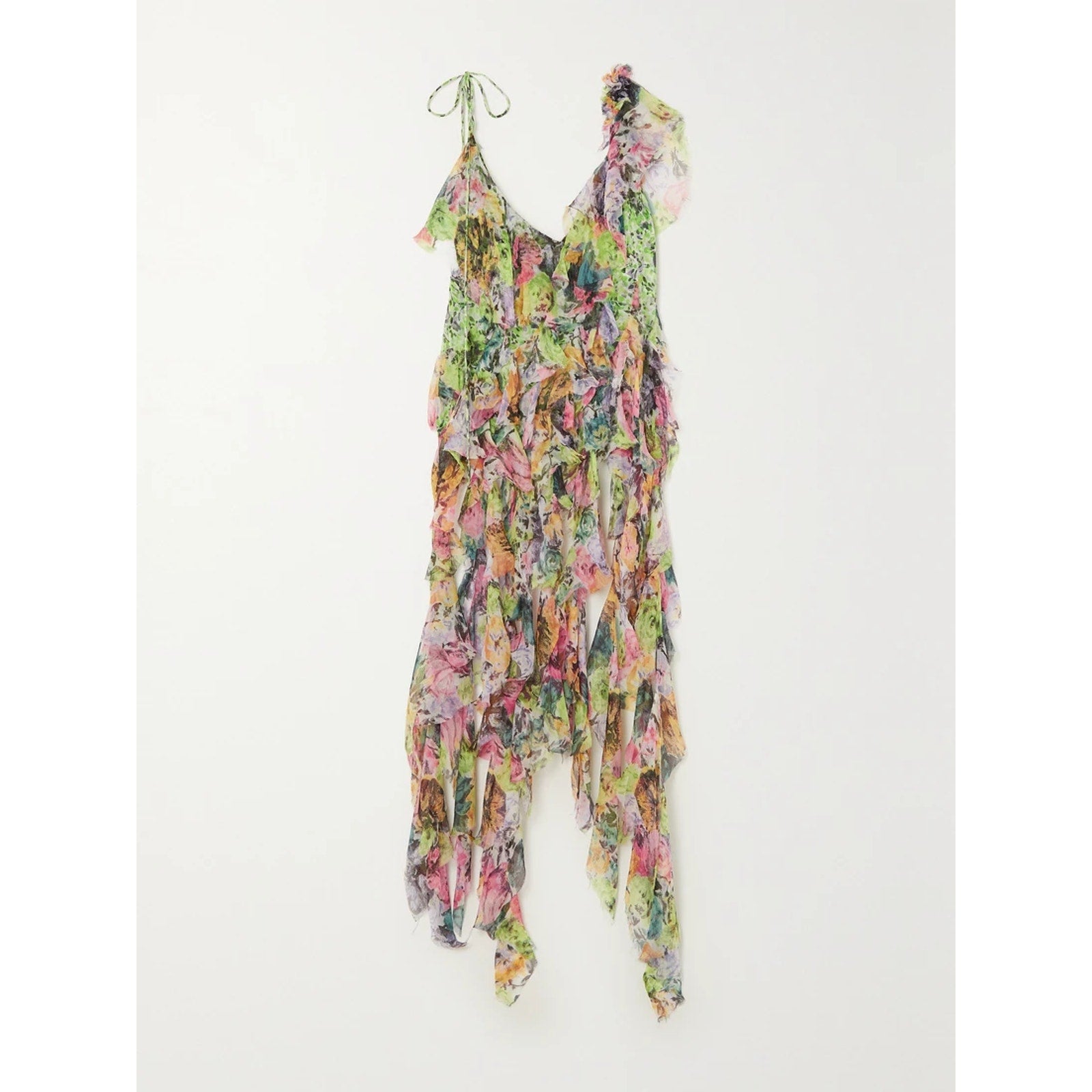 Dries Van Noten 'Asymmetric' Green Ruffled Frayed Floral-Print Silk-Crepon Top Size 2