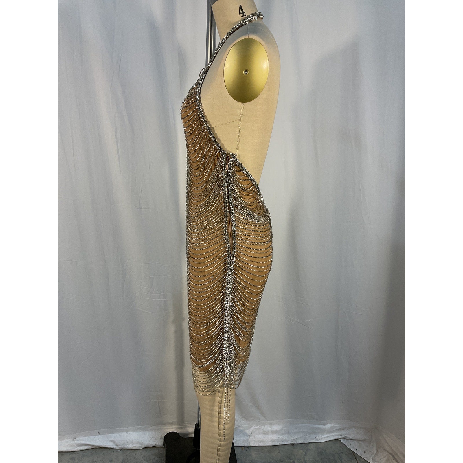 Retrofete 'Irina' Silver Rhinestone Embelished Halter Dress In Nude & Silver Size M - NWT