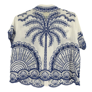 Farm Rio Embroidered Blue Palm Trees Richelieu Collared Shirt Size M