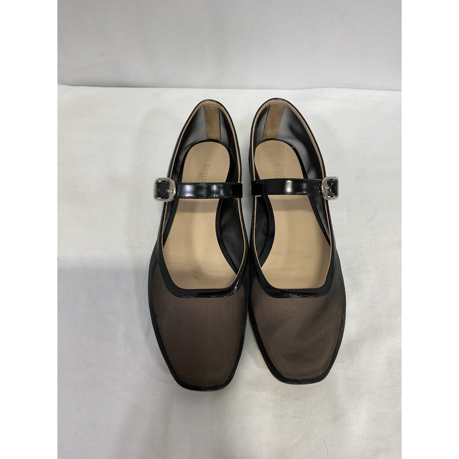 Le Monde Beryl Patent Leather-Trimmed Black Leather Mesh Flats Size 7.5