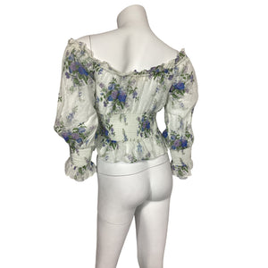 LoveShackFancy Floral Periwinkle Aqua Fifi Blouse Size XS