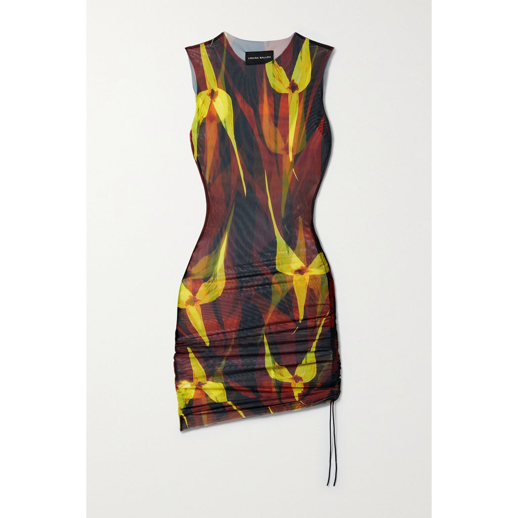 Louisa Ballou 'Heatwave' Brown Ruched Floral Print Stretch-Mesh Mini Dress Size XS - NWT