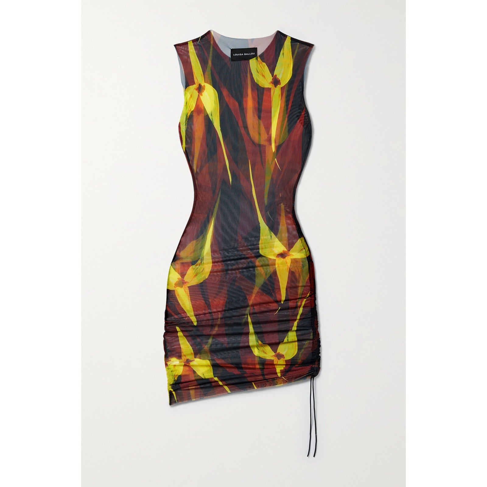 Louisa Ballou 'Heatwave' Brown Ruched Floral Print Stretch-Mesh Mini Dress Size XS - NWT
