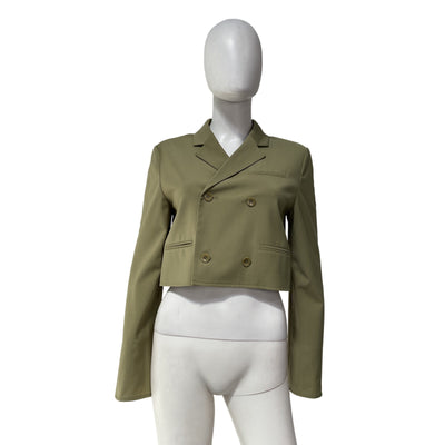 Tibi 'Tropical' Green Polyester Wool Cropped Lean Double Breasted Shirt Jacket Size 2