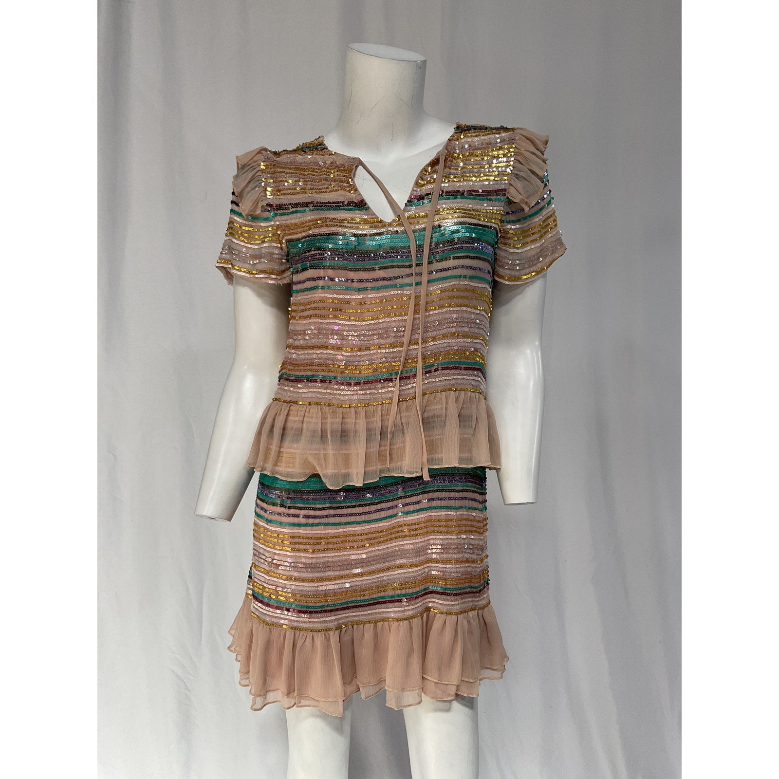 Tularosa 'Mason' Pink Sequin Embellished Georgette Ruffle Trim Dress Size S