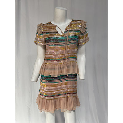 Tularosa 'Mason' Pink Sequin Embellished Georgette Ruffle Trim Dress Size S