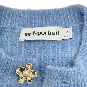 Self-Portrait Embellished Blue Ribbed-Knit Cardigan Size Small