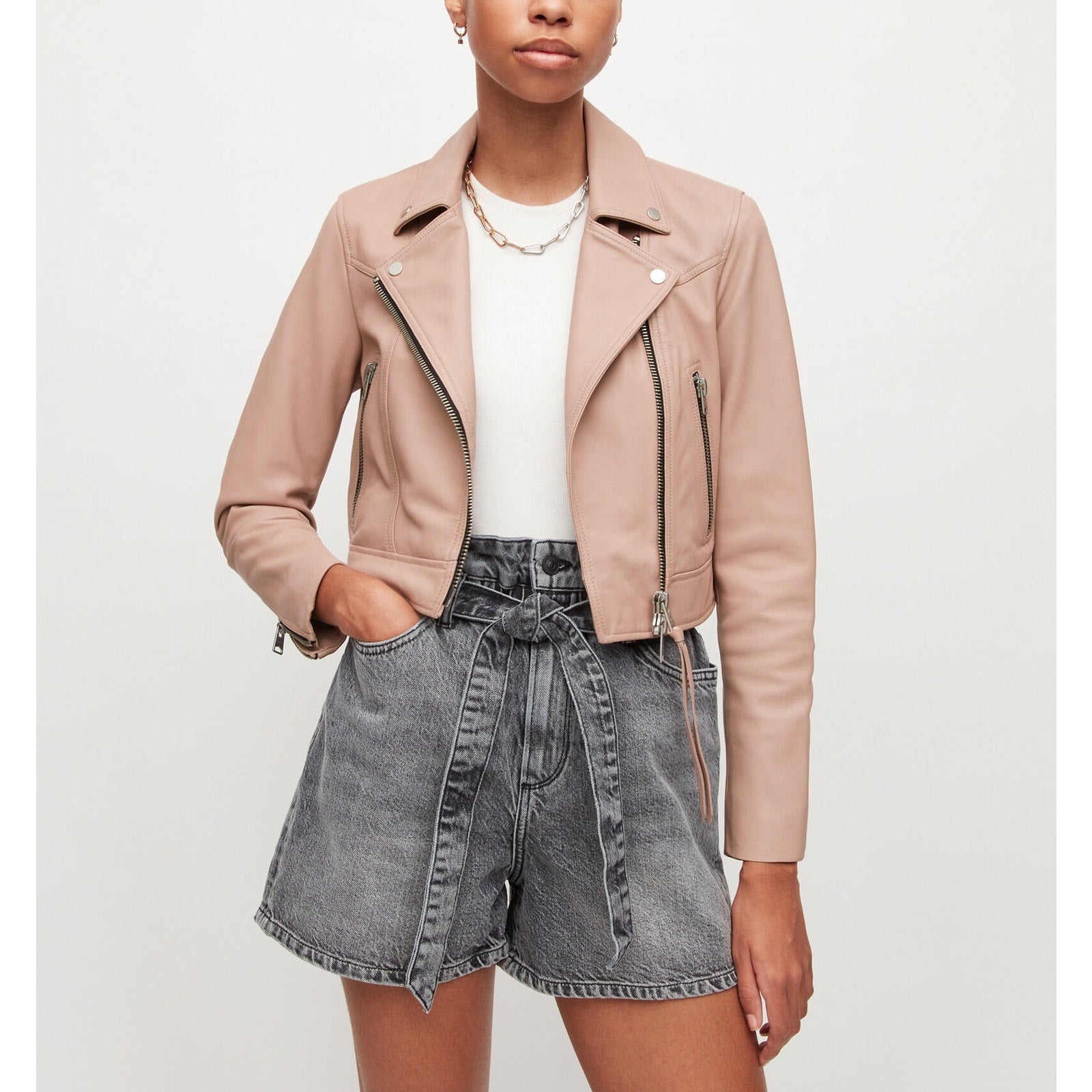 Allsaints 'Rift' Pink Leather Biker Jacket Size 10