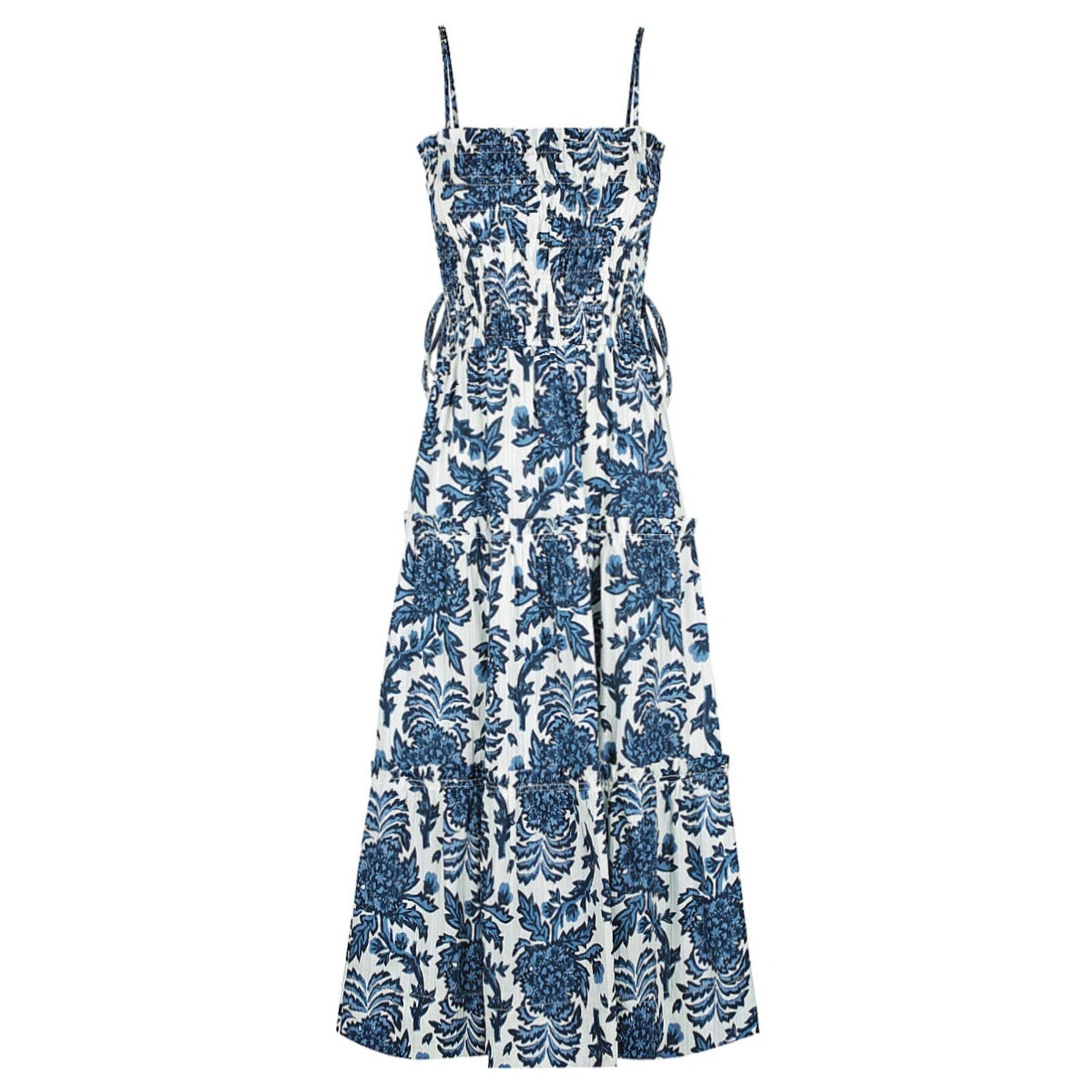 Shona Joy 'Diana' Blue Cotton Shirred Tiered Midi Dress Size 8 - NWT