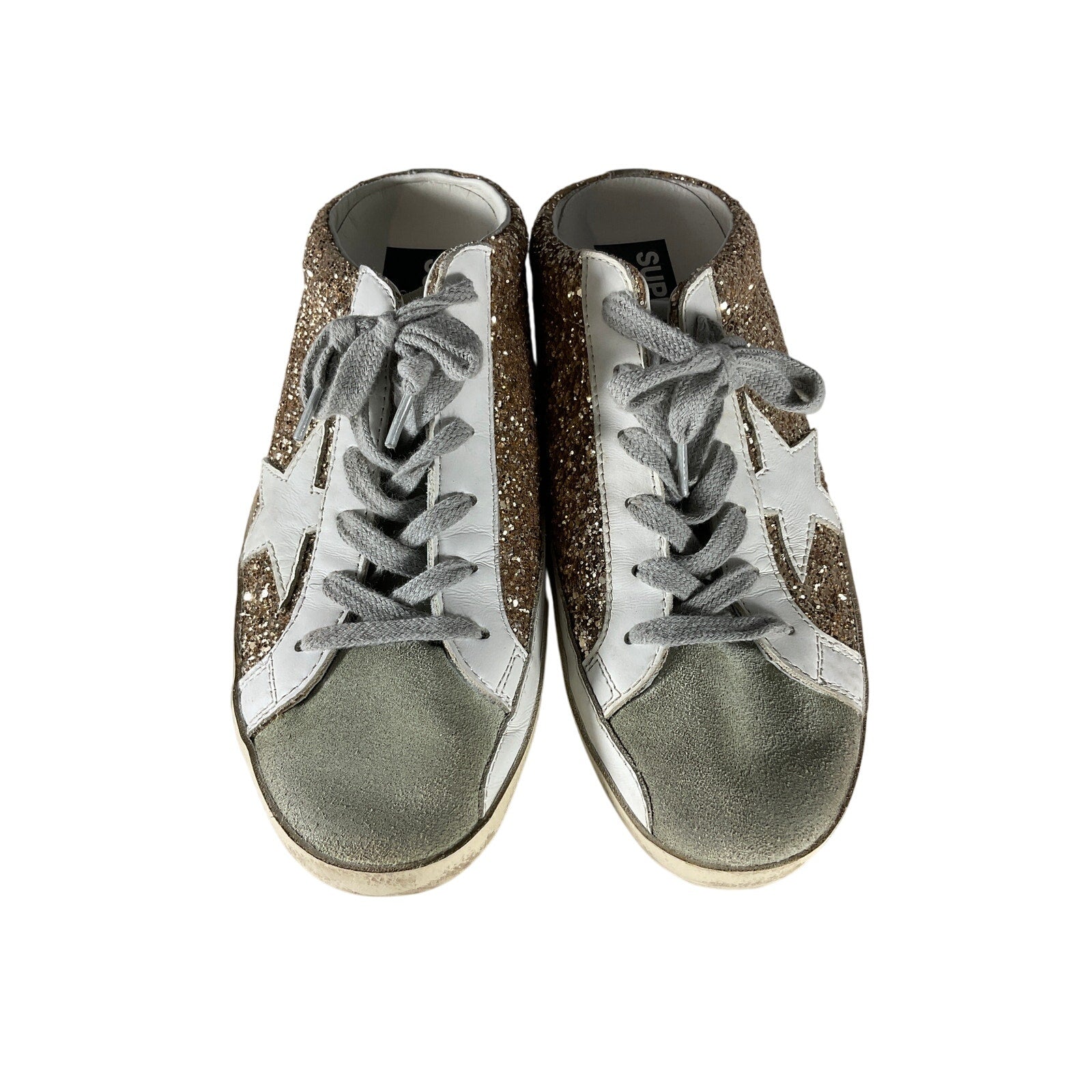 Golden Goose Super-Star 'Sabot' Gold Leather Distressed Glittered Slip-On Sneakers Size 8