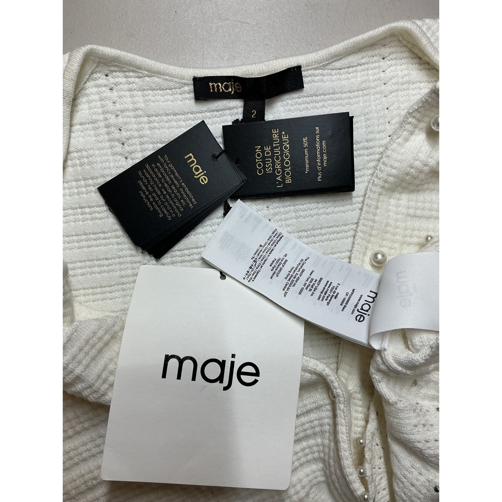Maje Pointelle White Knit Short Sleeve Cardigan Size 2 - NWT