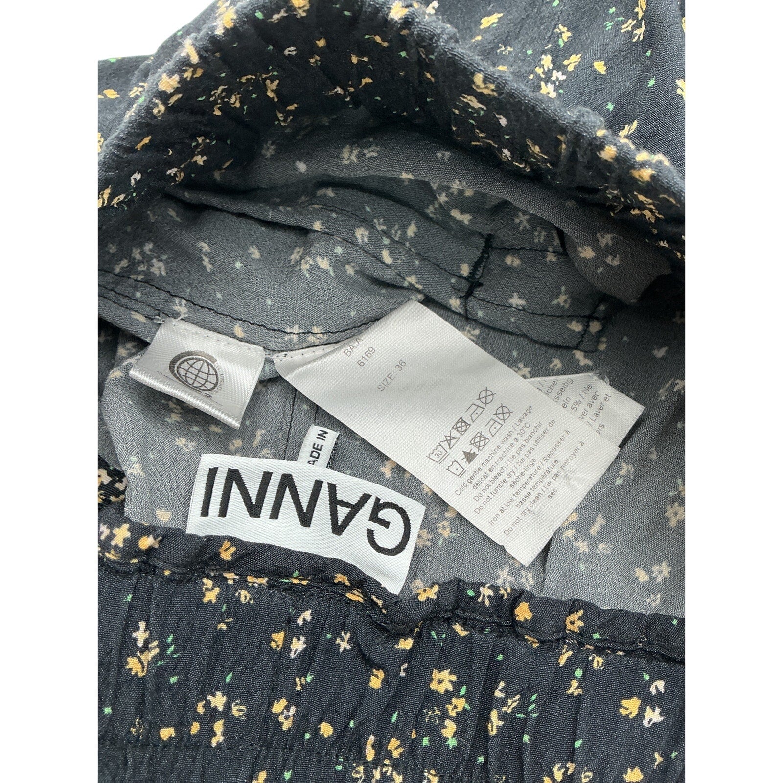 Ganni Floral Print Straight Black Viscose Leg Pants Size 36