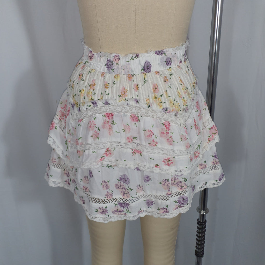 Loveshackfancy 'Abrielle' White Ruffled Floral Mini Skirt Size XS