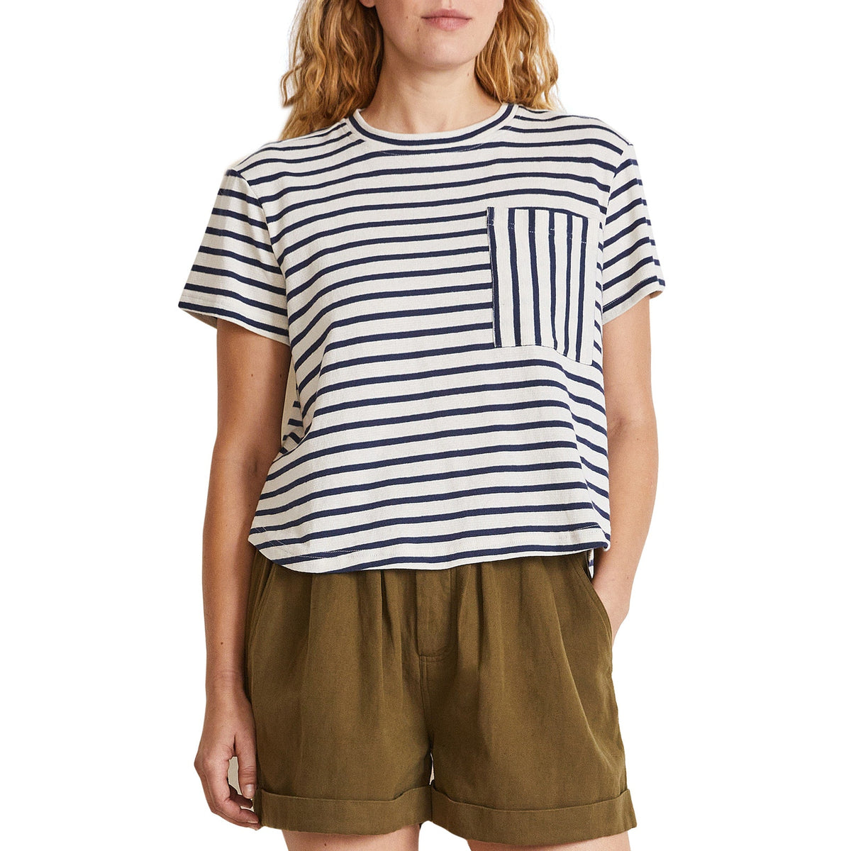 Apiece Apart 'Easy' White Crewneck Stripe Pocket T-Shirt Size M