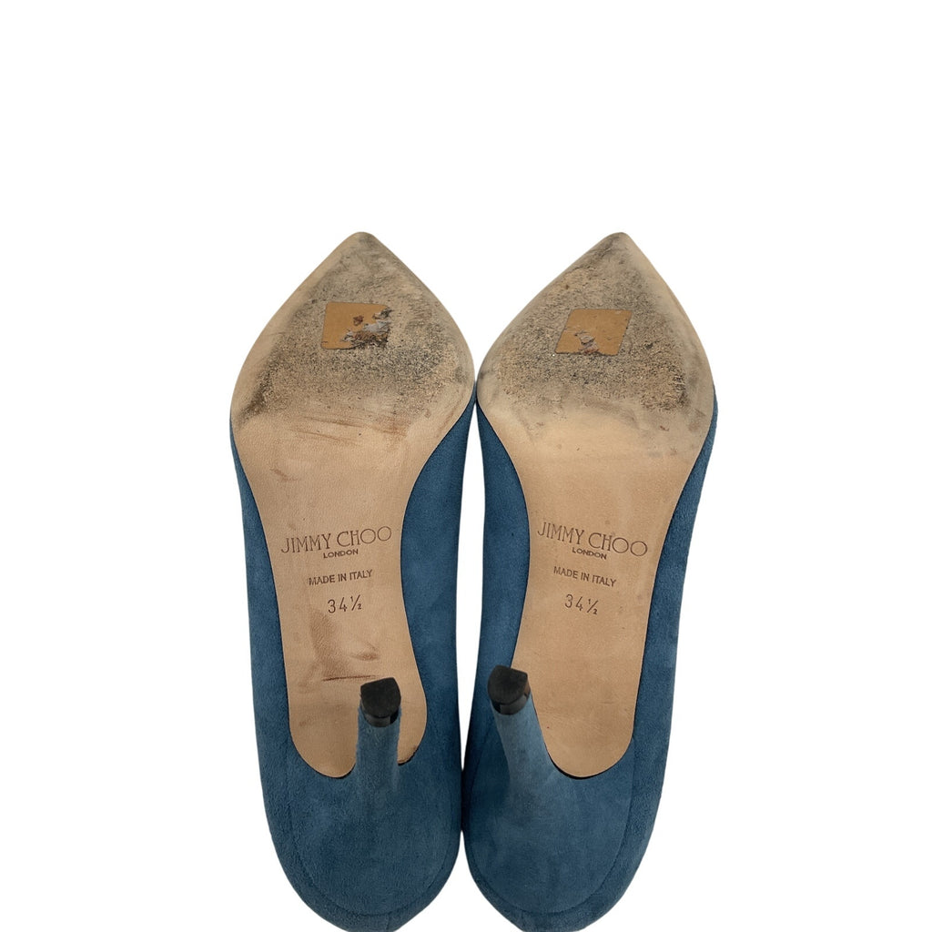 Jimmy Choo 'Agnes' Blue Suede & Leather Heels Size 34.5