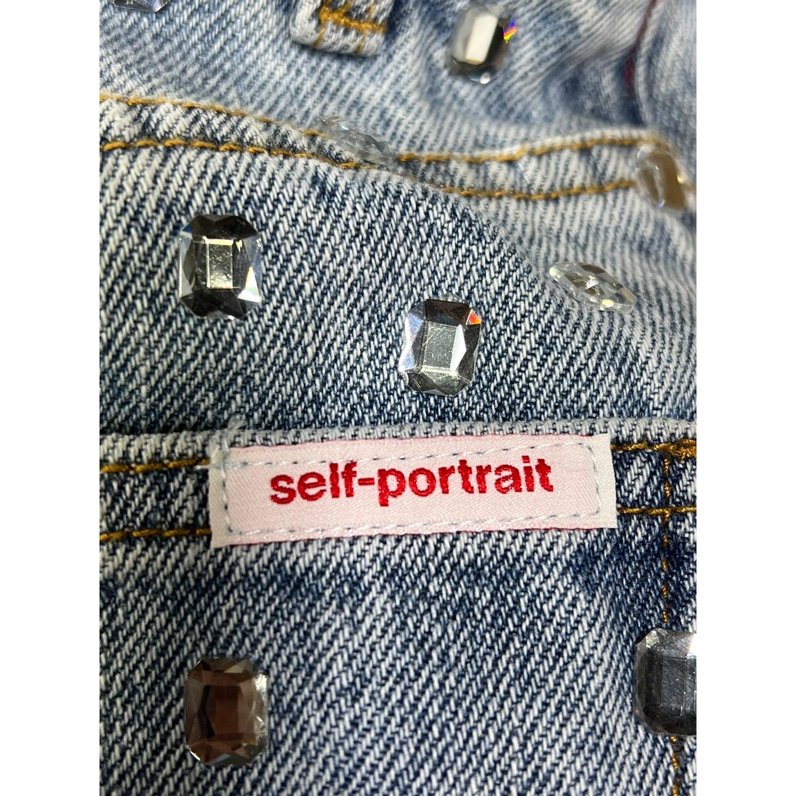 Self-Portrait 'Square' Blue Embellished Rhinestone Wide Leg Denim Jean Size 26