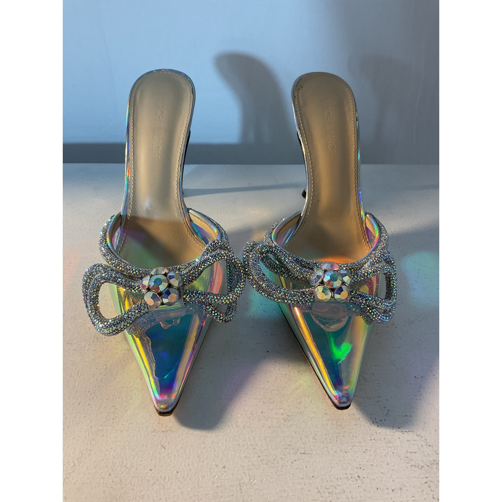 Mach & Mach 'Double-Bow' Silver Crystal-Embellished Leather Size 8