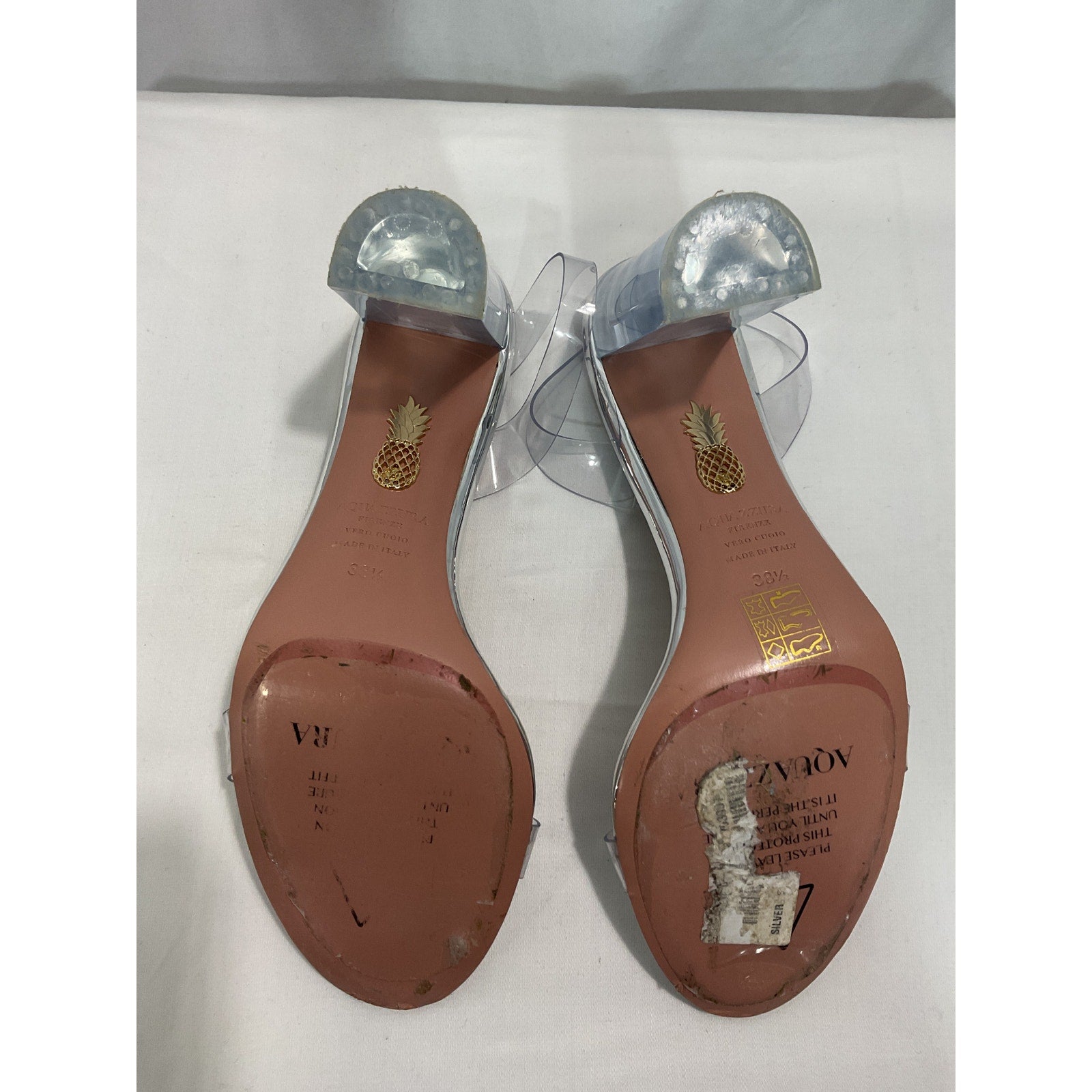 Aquazzura So Nude Silver Plexi Block Sandal Size 8.5b