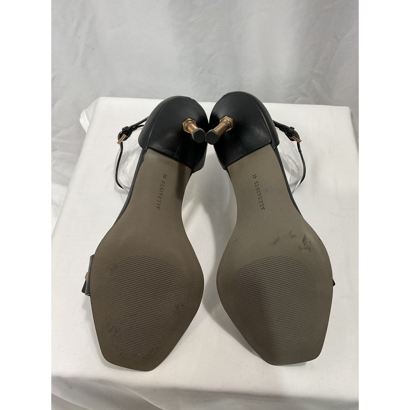 Allsaints 'Betty' Black Leather Square Open Toe Bolt Style High Heel Sandals Size 11