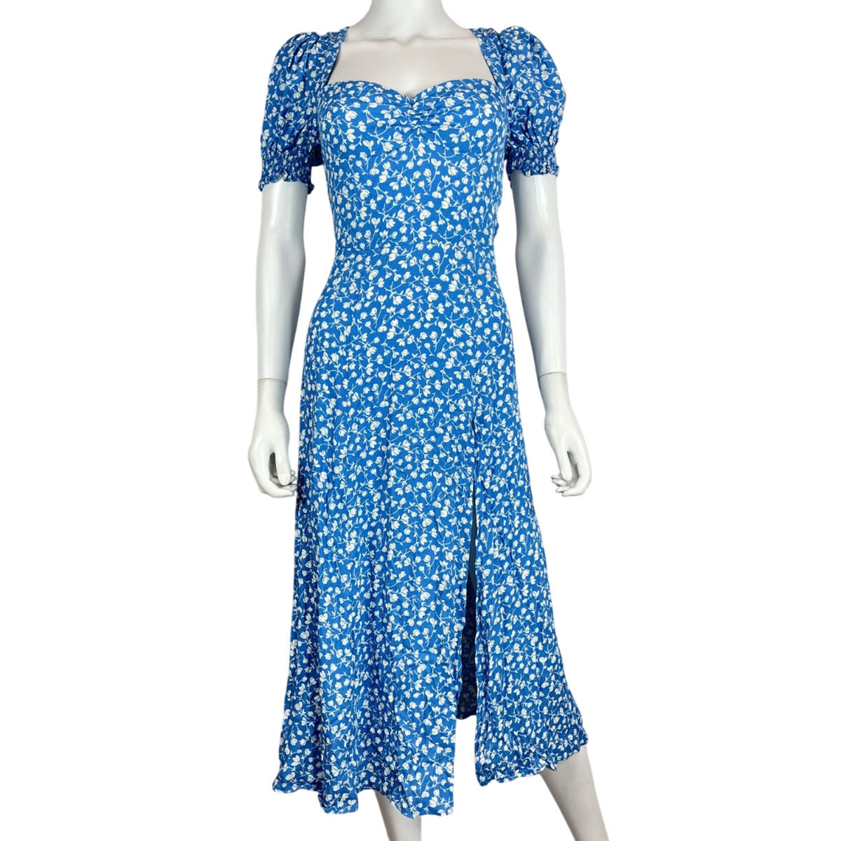Reformation Floral Blue Puff Sleeve Sweetheart Midi Dress Size 0