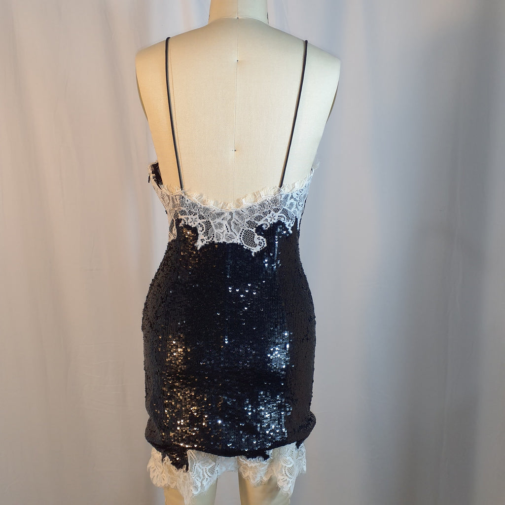 Alice + Olivia 'Harley' Black V Neck Lace Trim Sequin Mini Slip Dress Size 8