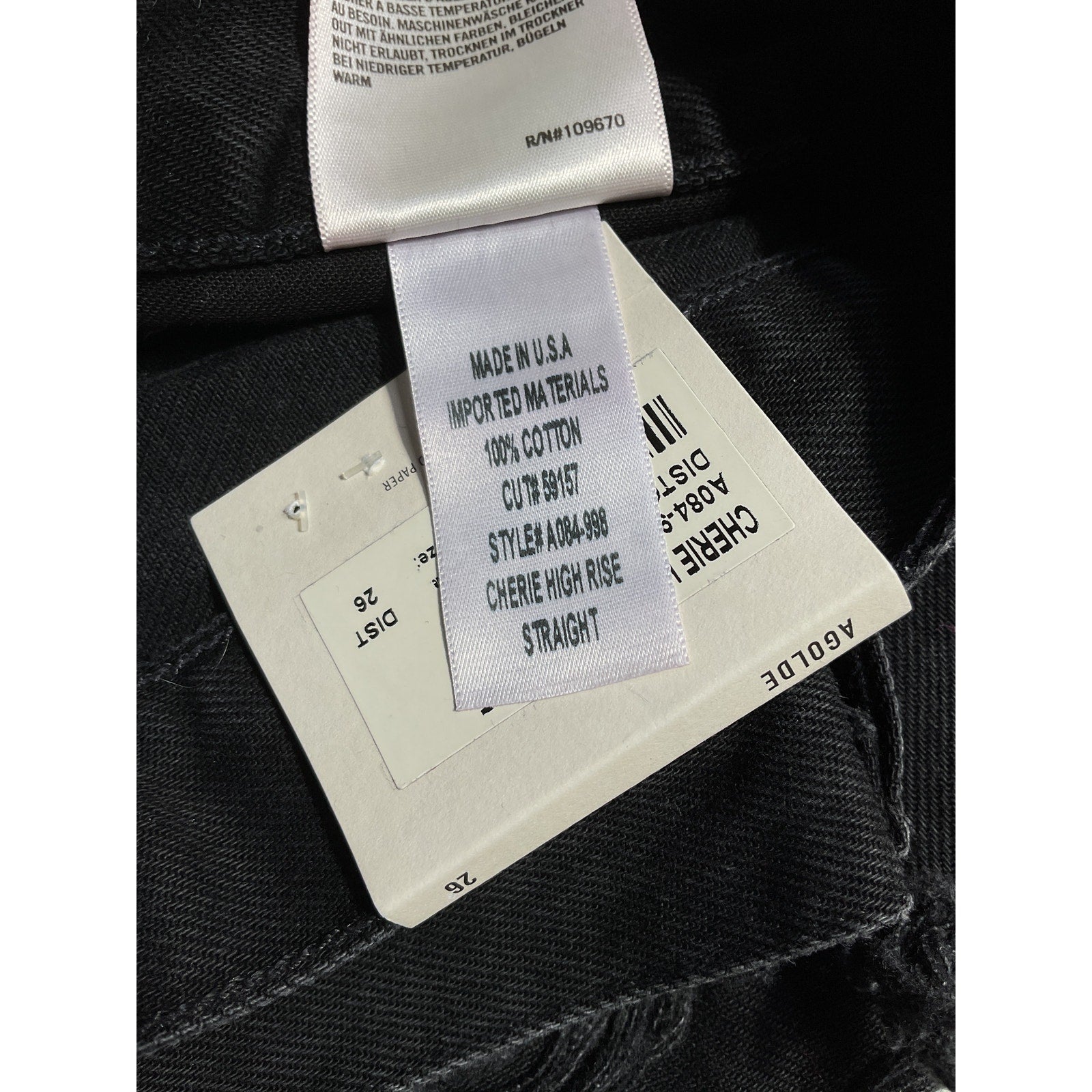 Agolde 'Cherie' Black High Rise Straight Denim Jean Size 26 - NWT
