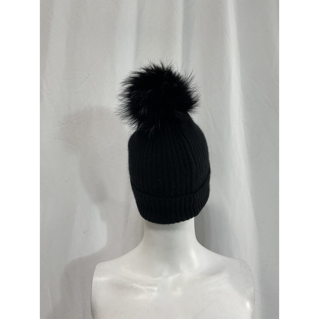 Amicale Cashmere & Fox Fur Black Pom-Pom Beanie Size OS