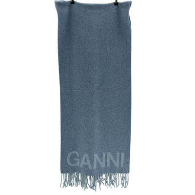 Ganni 'Logo-Jacquard' Blue Wool Recycled-Wool Blend Scarf Size OS