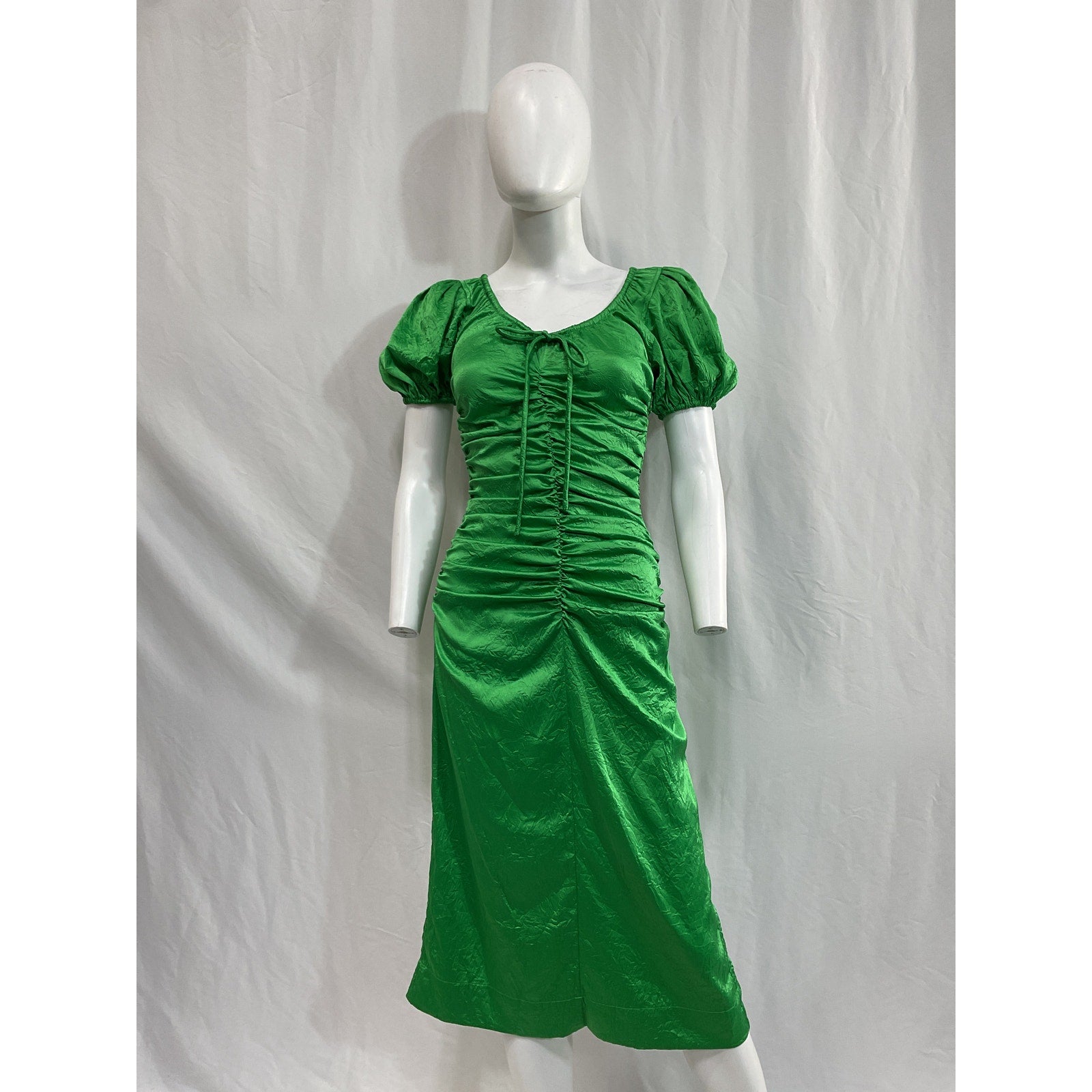 Ganni 'Crinkled' Green Polyester Satin Gathered Midi-Dress Size 36
