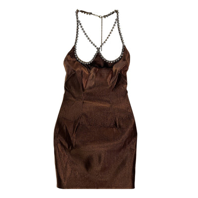 Area Embellished Brown Crystal Heart Halter Mini Dress Size XS NWT