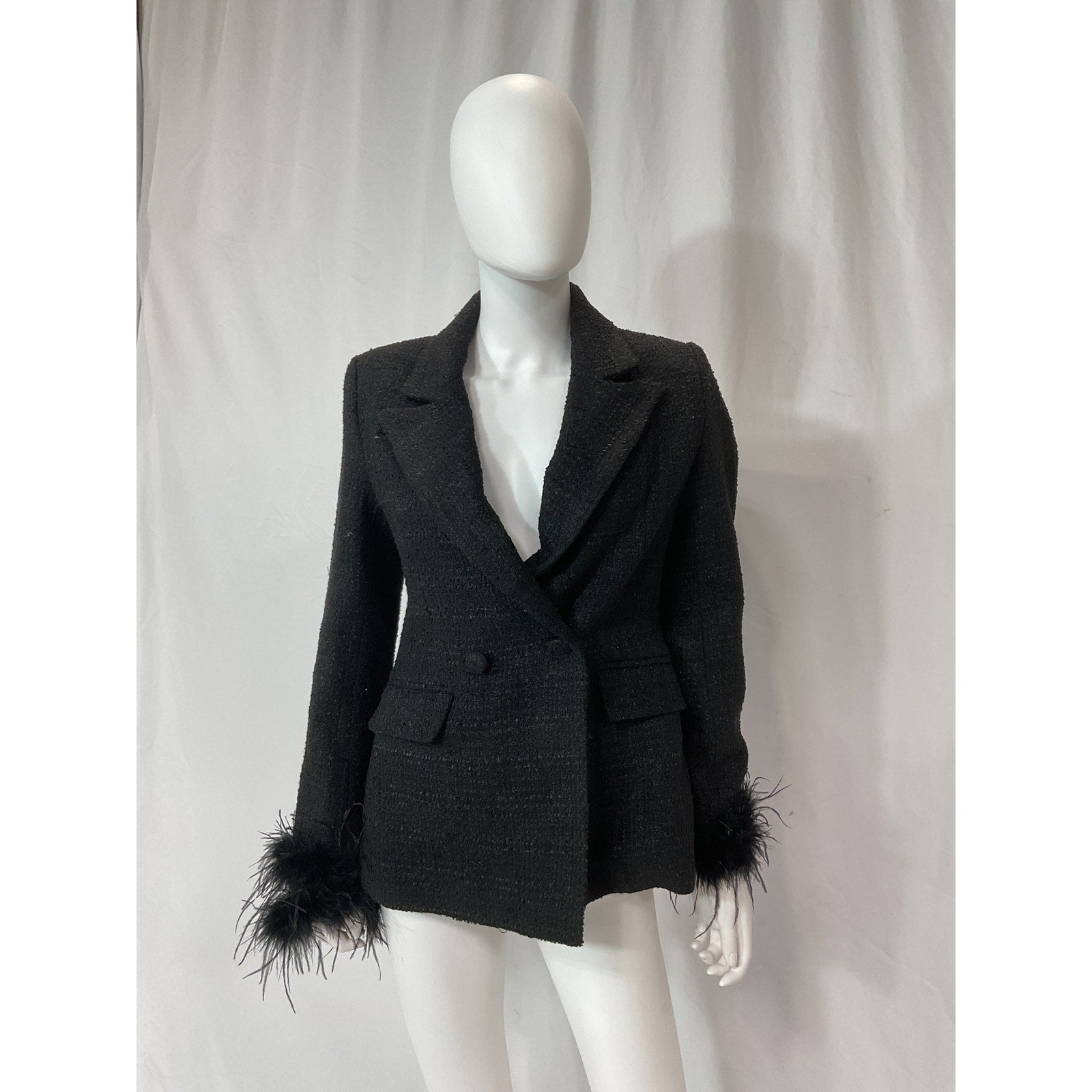Line & Dot 'Marci' Black Tweed Feather Embellished Cuffs Blazer Size S