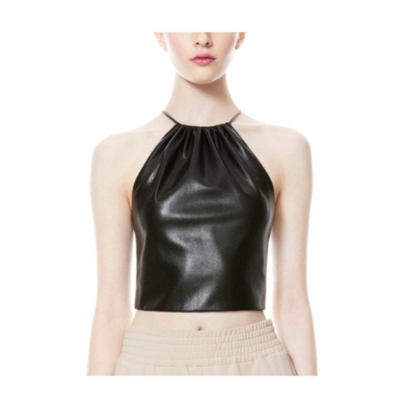 Alice + Olivia 'Zumi' Black Vegan Leather Halter Top Size L