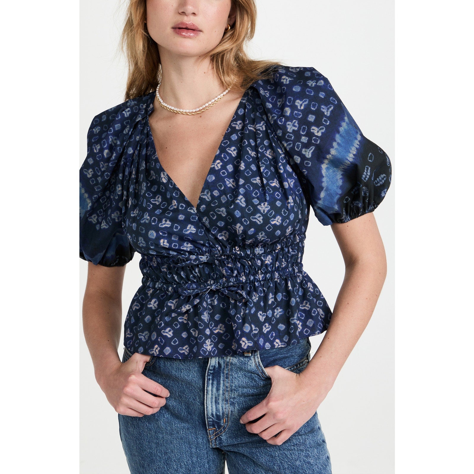 Ulla Johnson 'Ines' Blue Tye Dye Geometric  Ruched V Neck Puff Sleeve Top Size 6
