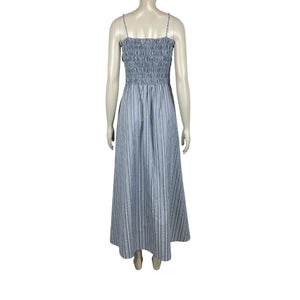 Faithfull The Brand Smocked Blue Stripe Lida Maxi Dress Size L NWT