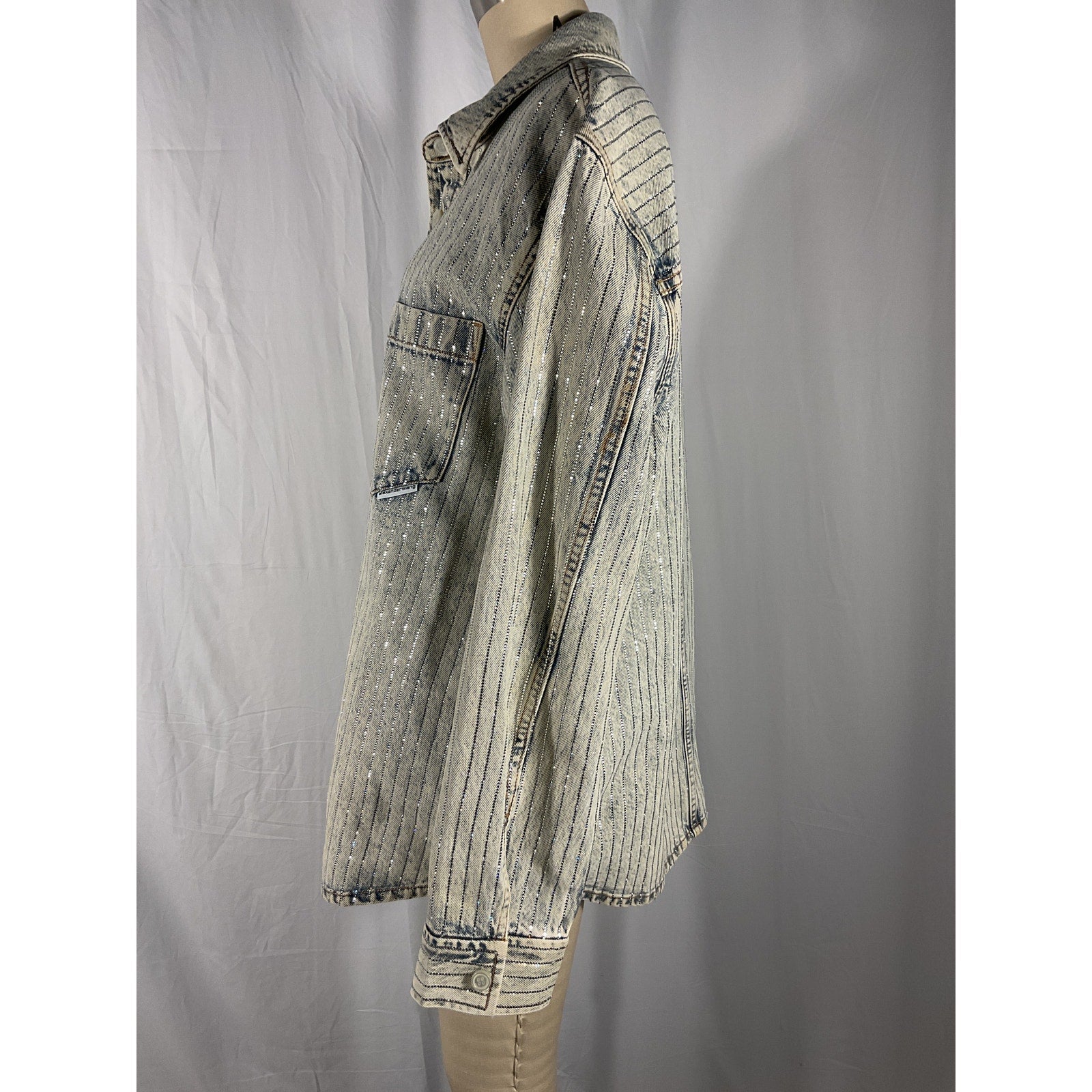 Alexander Wang 'Crystal' Blue Denim Stripe Oversized Crystal Embellished Shirt Size S - NWT