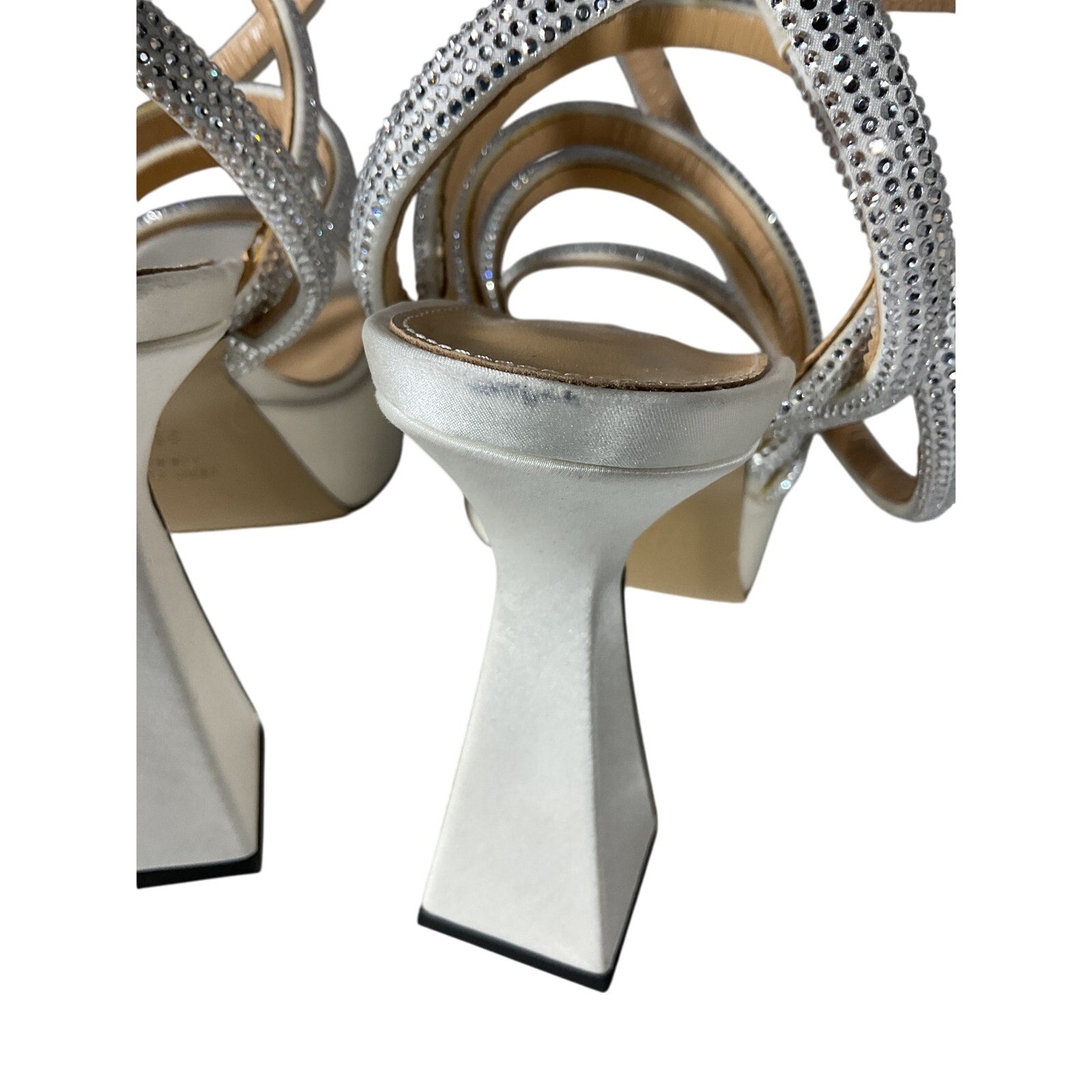 Mach & Mach Crystal-Embellished White Satin Platform Sandals Size 8.5