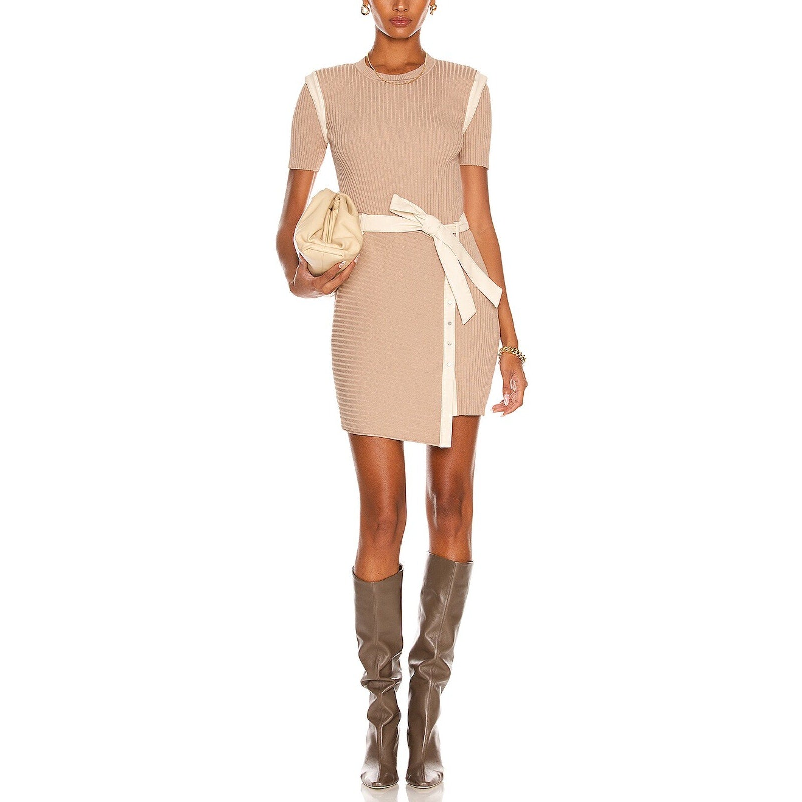 Simkhai 'Hardin' Beige Faux Leather Rib Belted Dress Size M