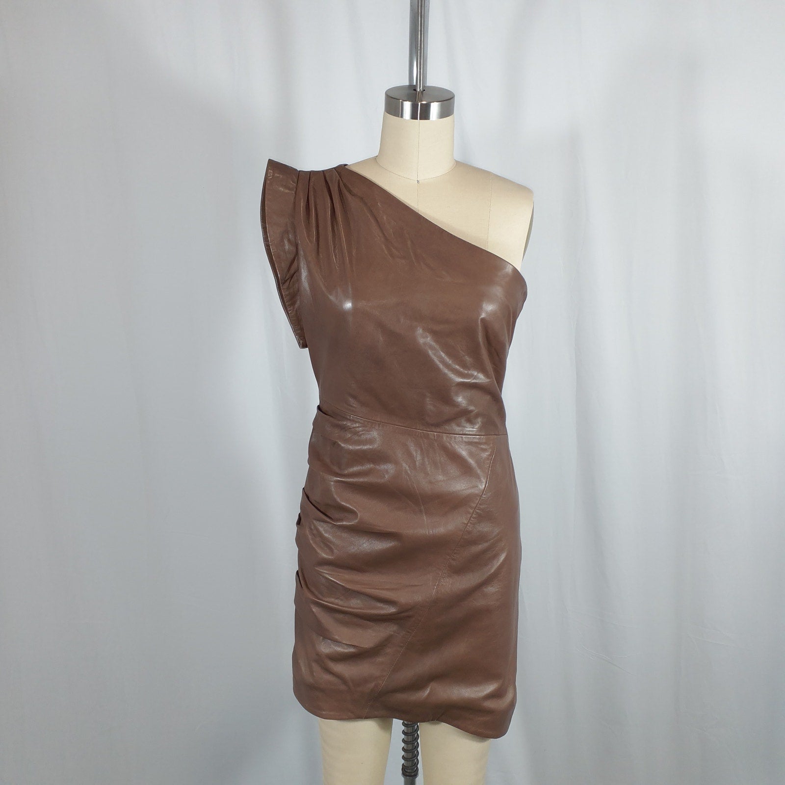 Lamarque 'Corey' Brown Leather Asymmetrical Mini Dress Size S
