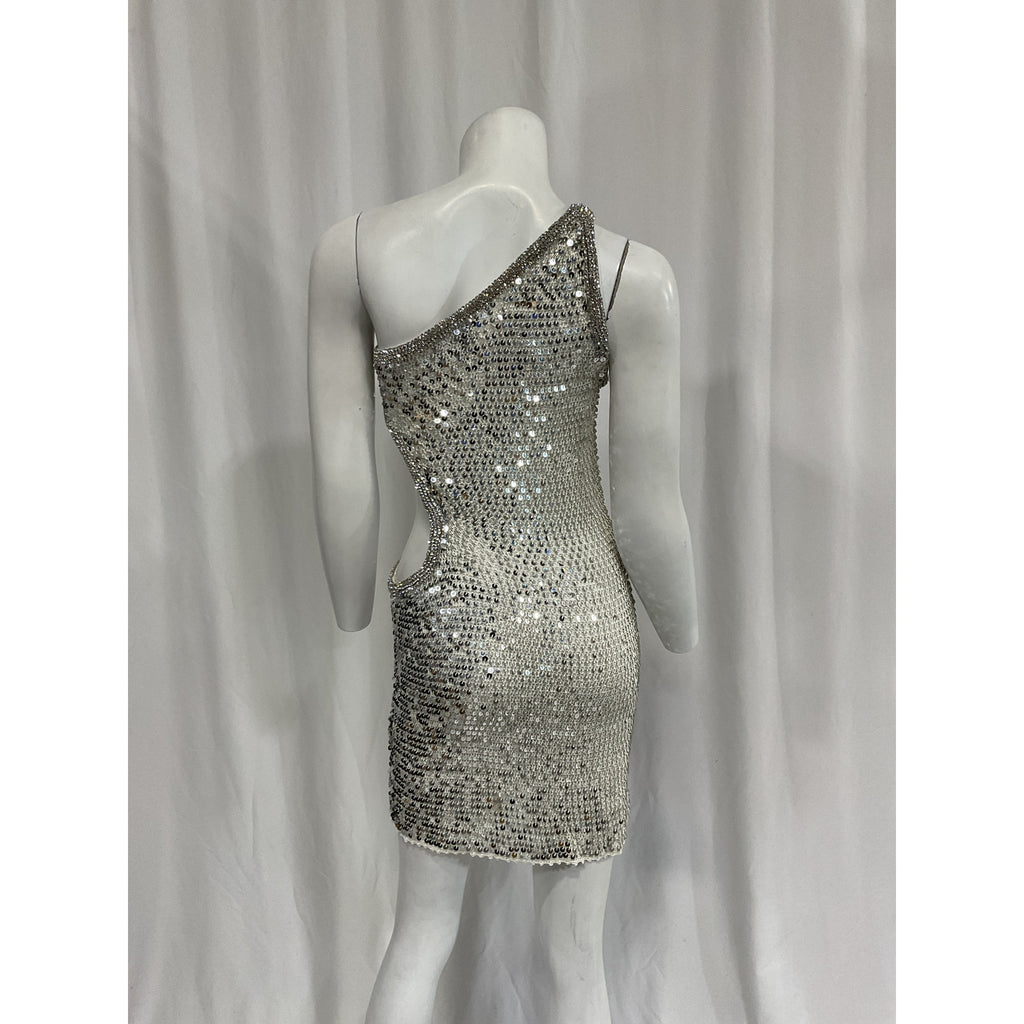 Retrofete 'Claudia' White Sequin Crochet One Shoulder Dress Size M