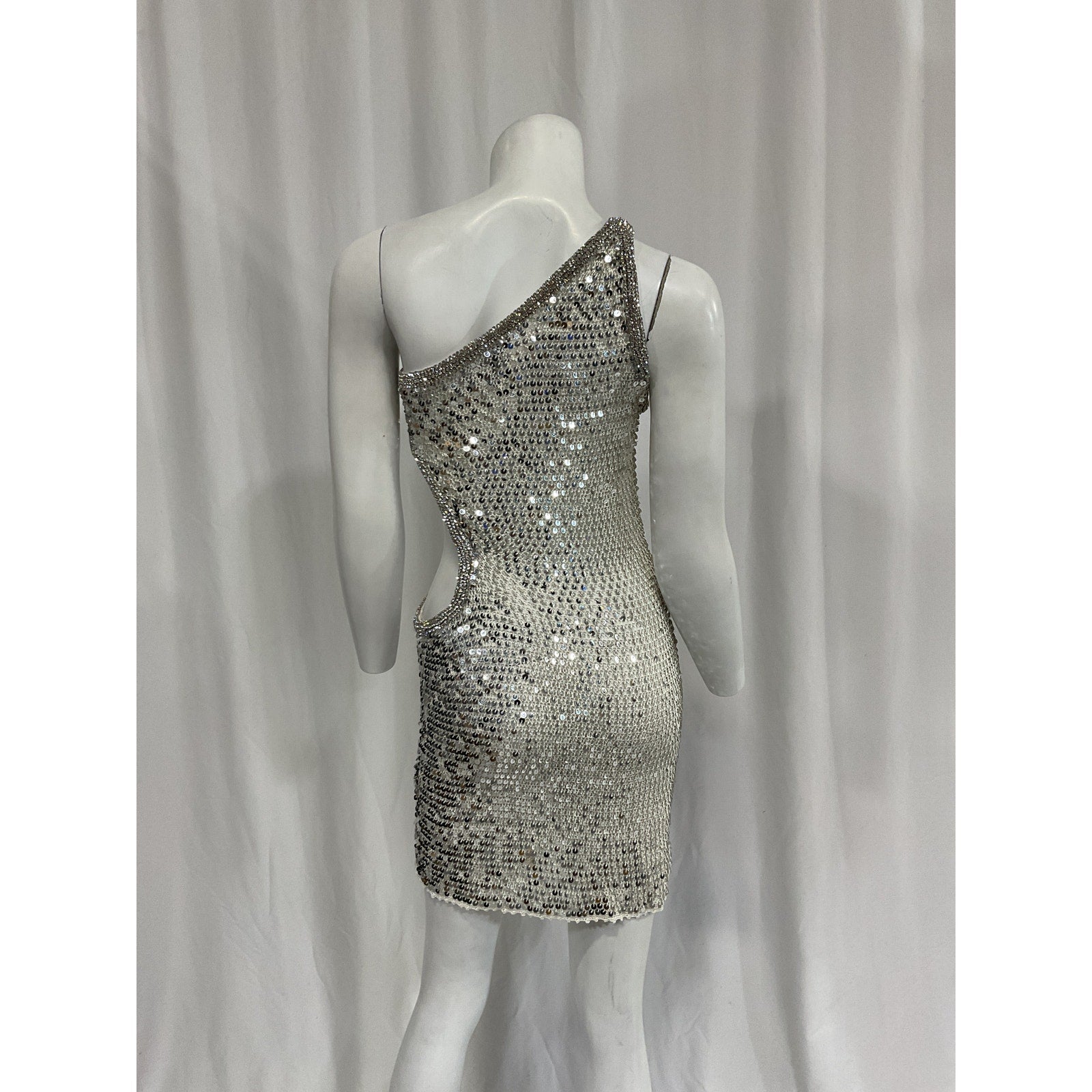 Retrofete 'Claudia' White Sequin Crochet One Shoulder Dress Size M