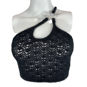 For Love & Lemons Fuzzy Black Mirabel Crop Top Size XS