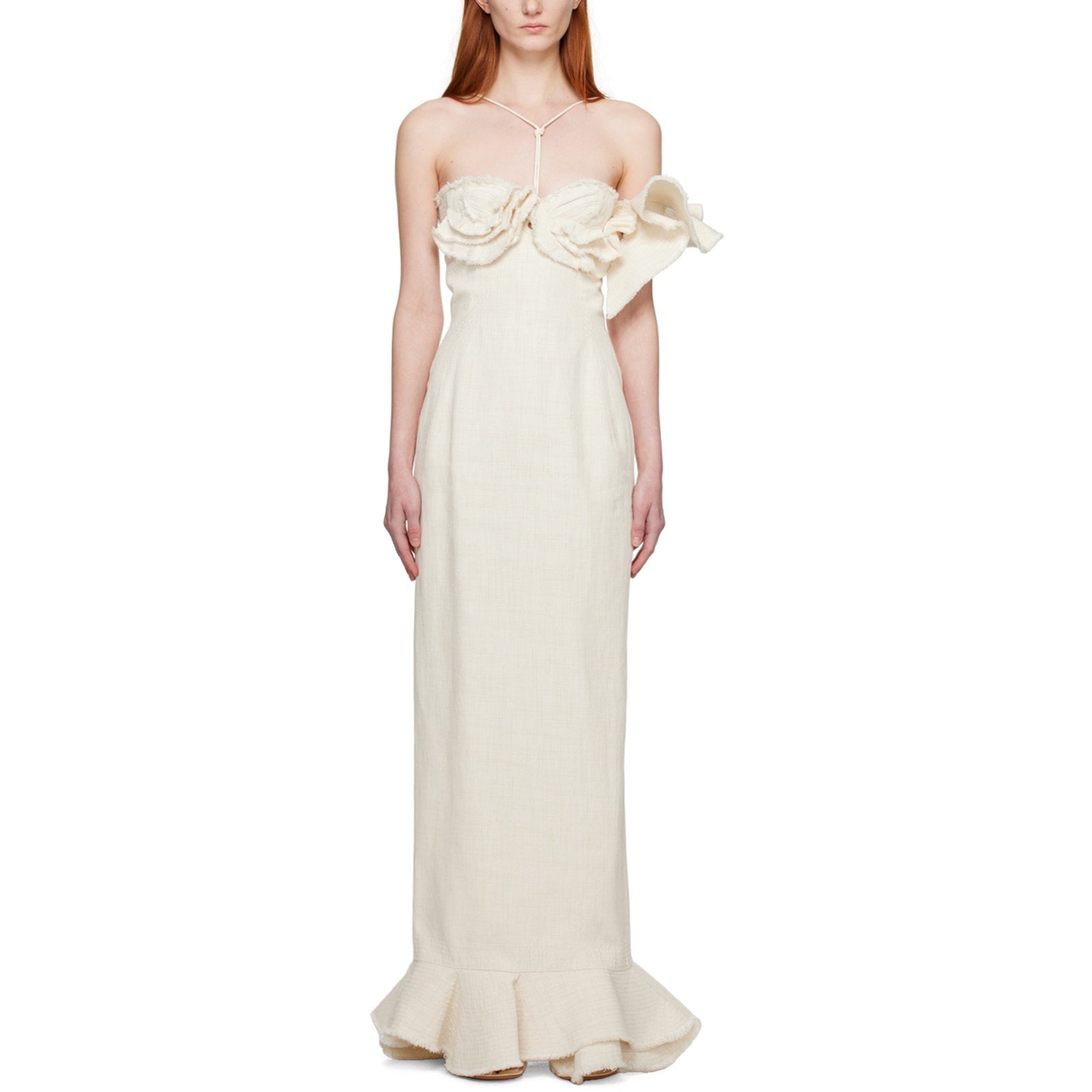 Jacquemus Le Raphia 'la Robe Artichaut' White Ruffled Neck Fishtail Hem Linen Blend Maxi Dress Size 44