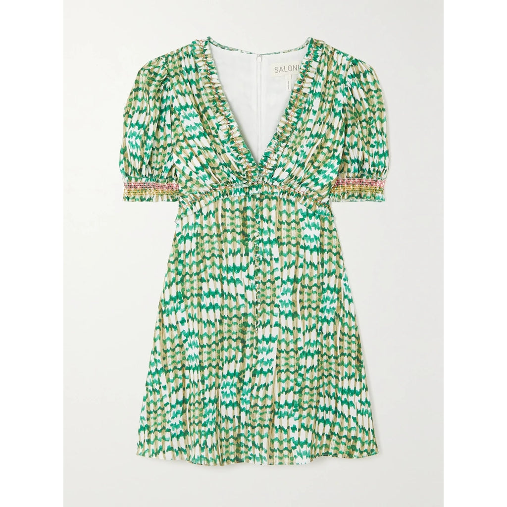 Saloni 'Lea' Green Smocked Printed Ecovero-Blend Crepe Mini Dress Size 6 - NWT