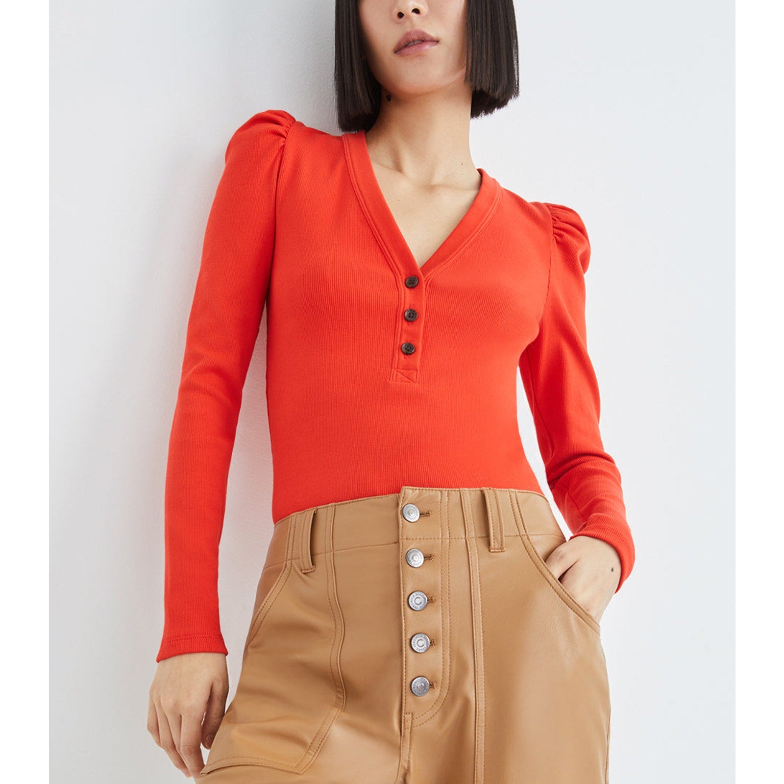 Veronica Beard 'Dekalb' Red Puff-Sleeve V Neck Top Size L