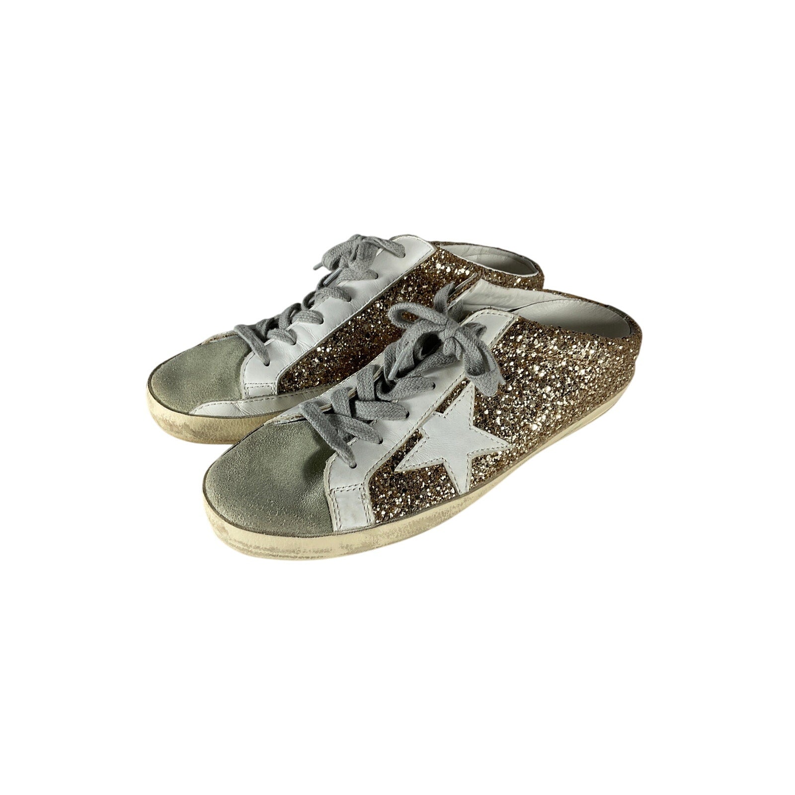 Golden Goose Super-Star 'Sabot' Gold Leather Distressed Glittered Slip-On Sneakers Size 8